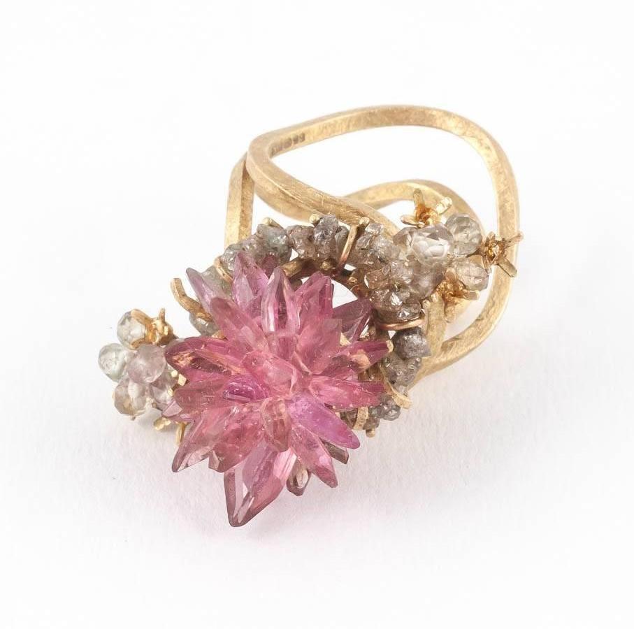 Donna Brennan Pink Tourmaline Sapphire Rough Diamond Gold Ring For Sale 1