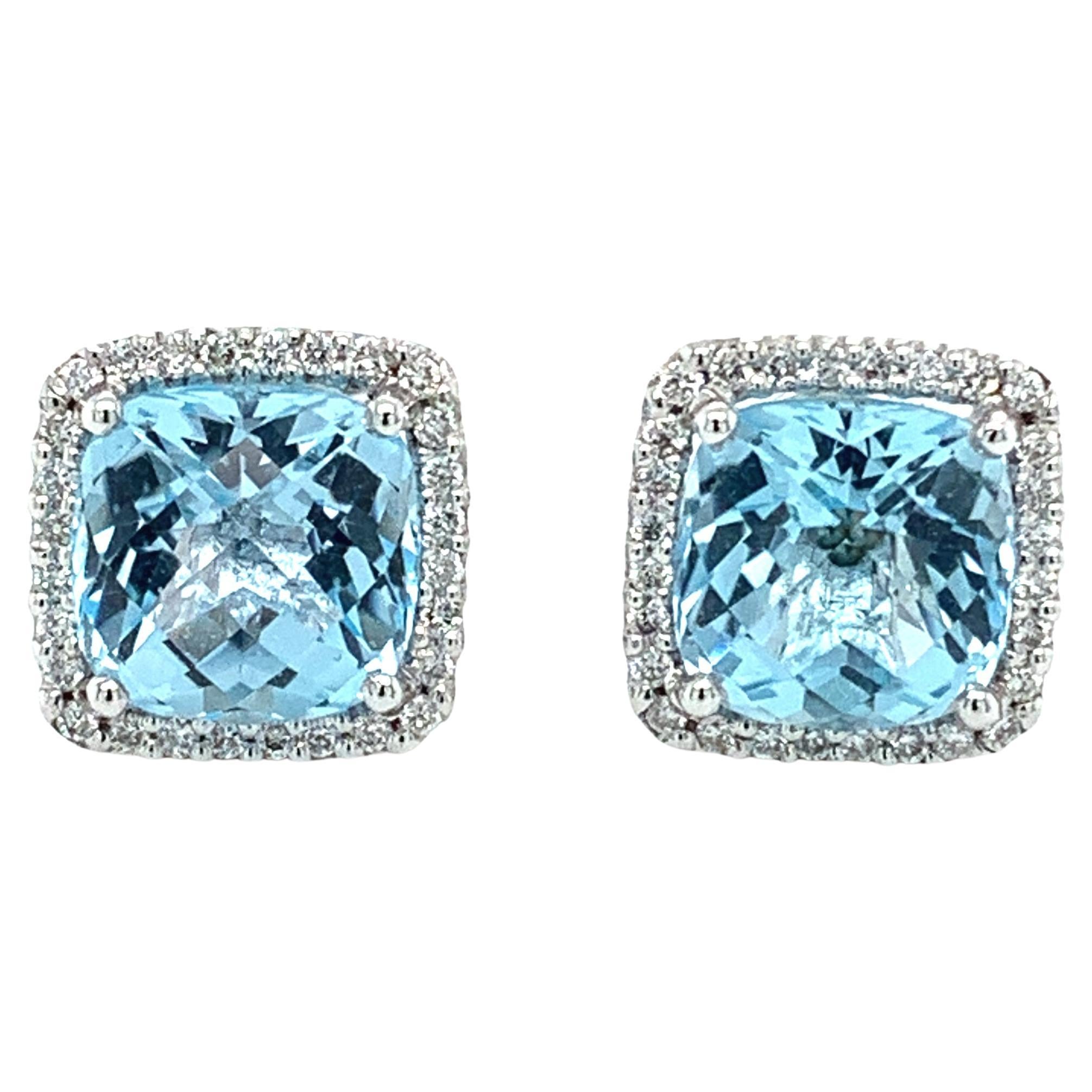 Aquamarine and diamond halo stud earrings 18ct white gold For Sale