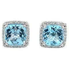 Aquamarine and diamond halo stud earrings 18ct white gold