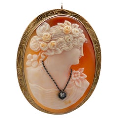 Broche Camafeo de Concha de Oro Amarillo de 14k con Diamante Natural