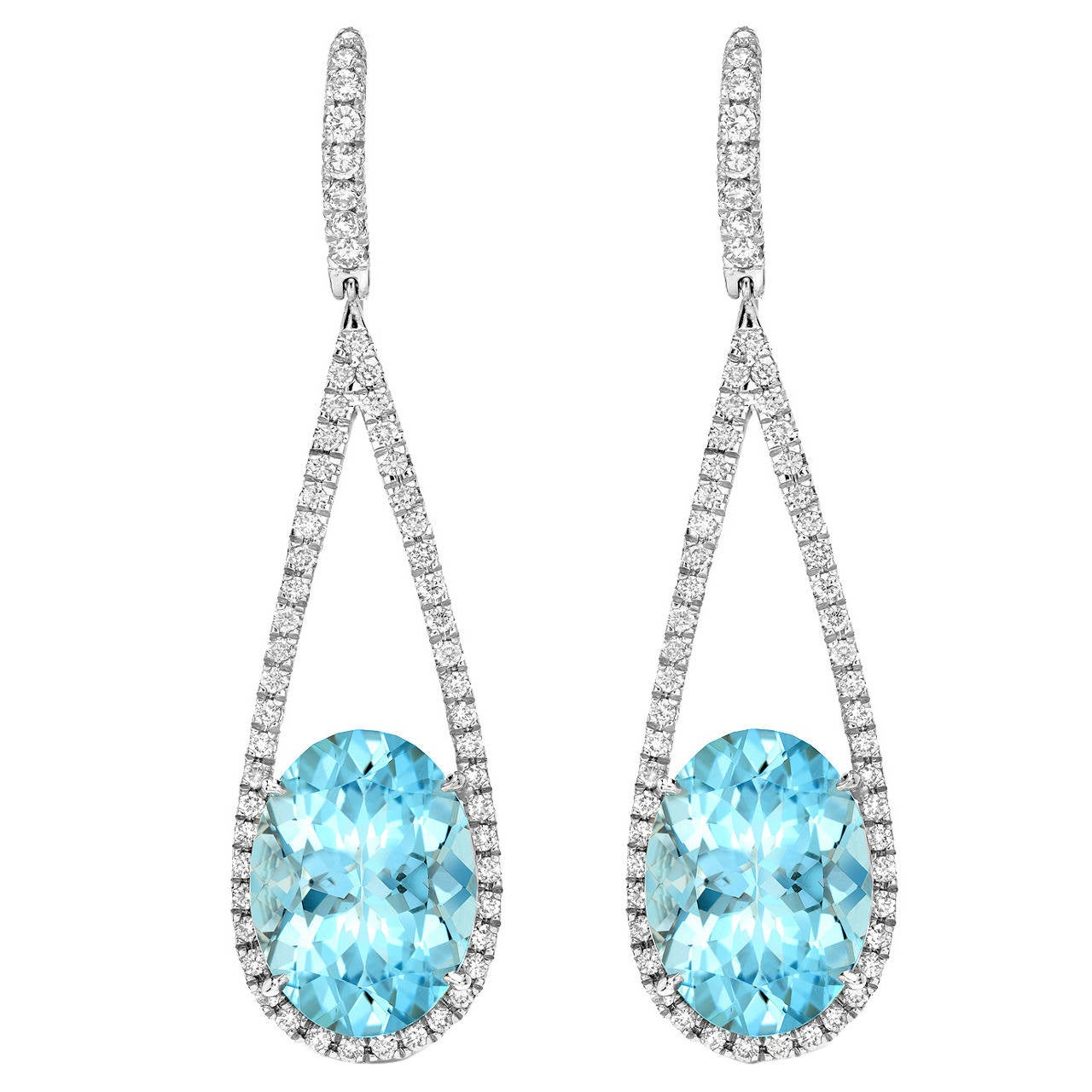 Vibrant Oval Aquamarine Diamond Gold Earrings