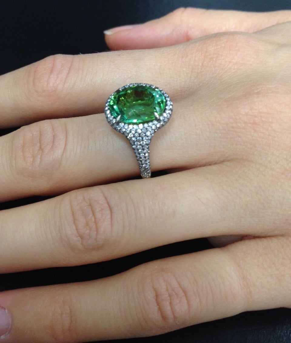 Mint Green Tourmaline Diamond Ring Oval 5.40 Carat Tamir For Sale at
