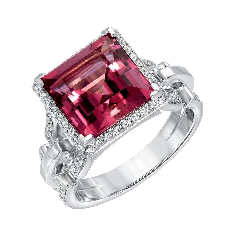 Intense 5.18ct square Pink Tourmaline and 0.67ct diamond, 18K white gold ring.
Size 6. Re-sizing is complimentary upon request.
Signed by Tamir.