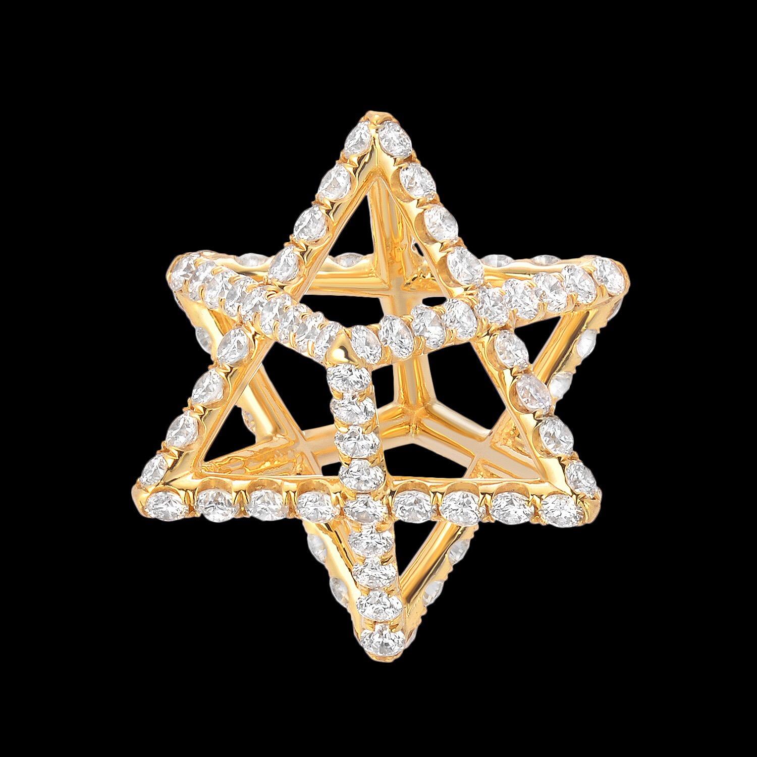 Round Cut Gold Diamond Necklace 1.12 Carats Merkaba Star 3D For Sale