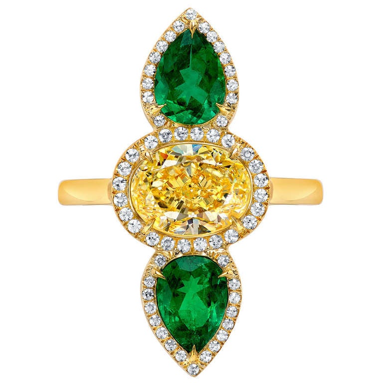 Tamir Magnificent Fancy Light Yellow Diamond and Emerald Ring