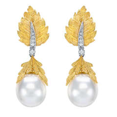 A Classic Pair Of Florentine Style South Sea Pearl and Diamond Earrings