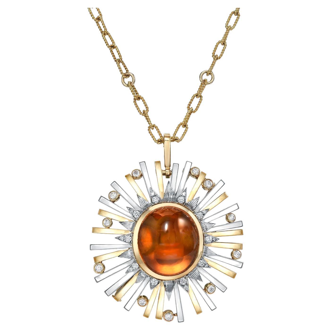 Highly prized 24.14 carat Madeira Citrine Cabochon, set in a one-of-a-kind, state of the art, convertible pendant necklace and brooch, adorned by a total of 0.86 carats of diamonds. 
Crafted by extremely skilled hands in 18K yellow and white