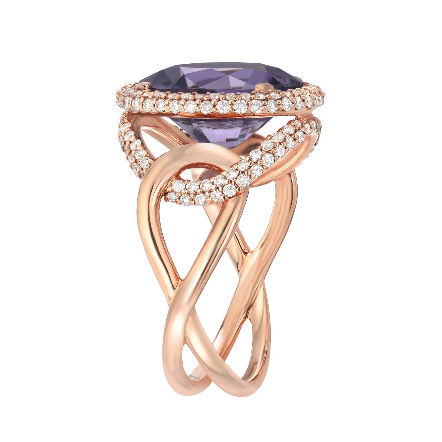 A rare and electric 5.59ct oval Lavender Tourmaline, is set in this gorgeous 18K rose gold ring, micro-set with a total of 0.86ct diamonds. 
Size 6.5. Re-sizing is complimentary upon request.