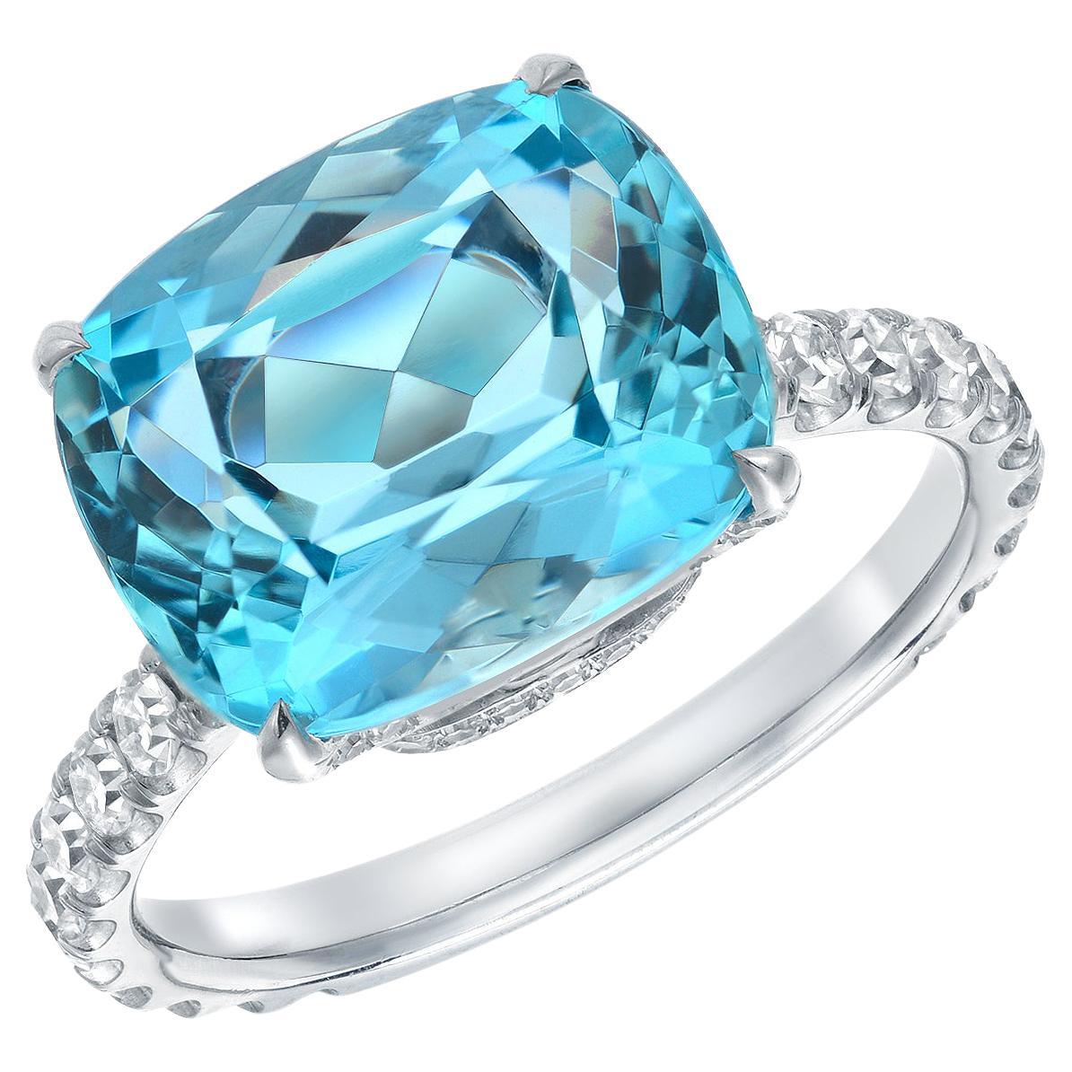 Aquamarine ring showcasing a marvelous 5.11 carat cushion cut, set in a classic 0.85 carat total, diamond and platinum ring. 
Ring size 6. Re-sizing is complimentary upon request.
Returns are accepted and paid by us within 7 days of