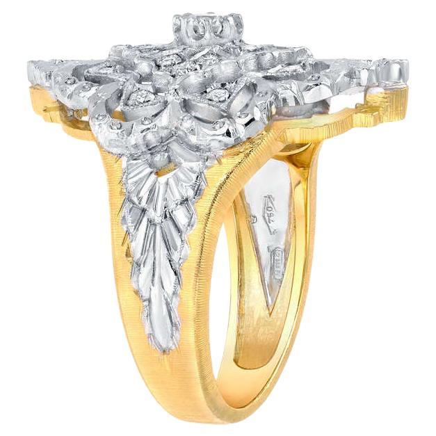 18K yellow and white gold diamond ring set with a total of 0.41 carats, completely hand engraved in the traditional Florentine style. 
Ring size 6.5.
Returns are accepted and paid by us within 7 days of delivery.