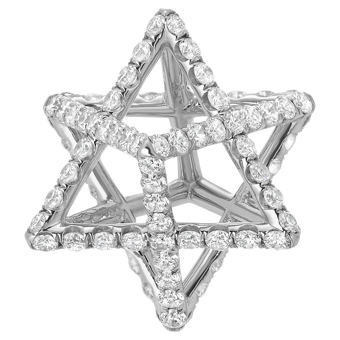 3D Star Of David Necklace 18K White Gold Diamonds Art Deco Jewelry Merkaba Neuf - En vente à Beverly Hills, CA