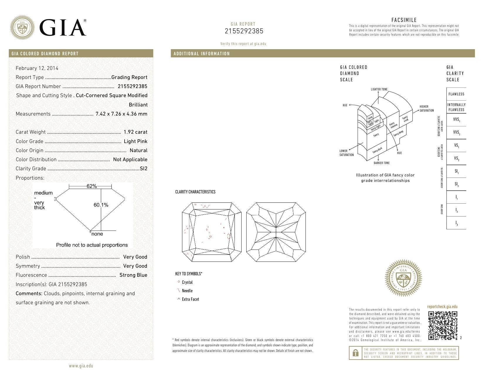 Timeless, rare and notable 1.92ct light pink, radiant cut diamond ring, accented by a total of 0.34ct fancy pink round brilliant diamonds and 1.43ct G/VS round brilliant diamonds.
G.I.A certificate attached.
Hand crafted in 18K white and rose gold