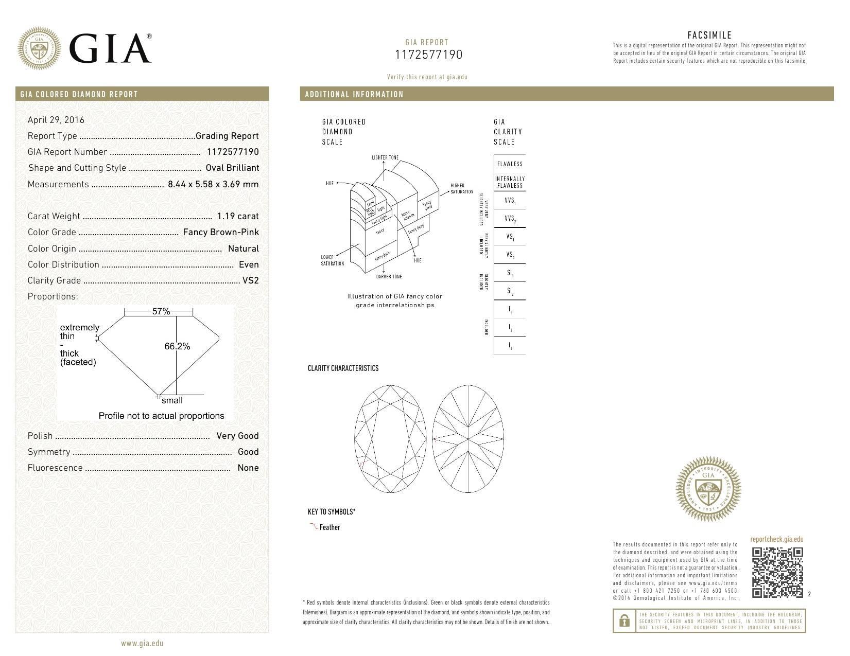 Classic and rare 1.19ct oval fancy brown-pink, VS2 diamond ring, accented by a pair of G/VS half moon diamonds totaling 0.50ct, and G/VS round brilliant diamonds totaling 1.12ct.
G.I.A. certificate attached.
Crafted by hand in 18K white and rose