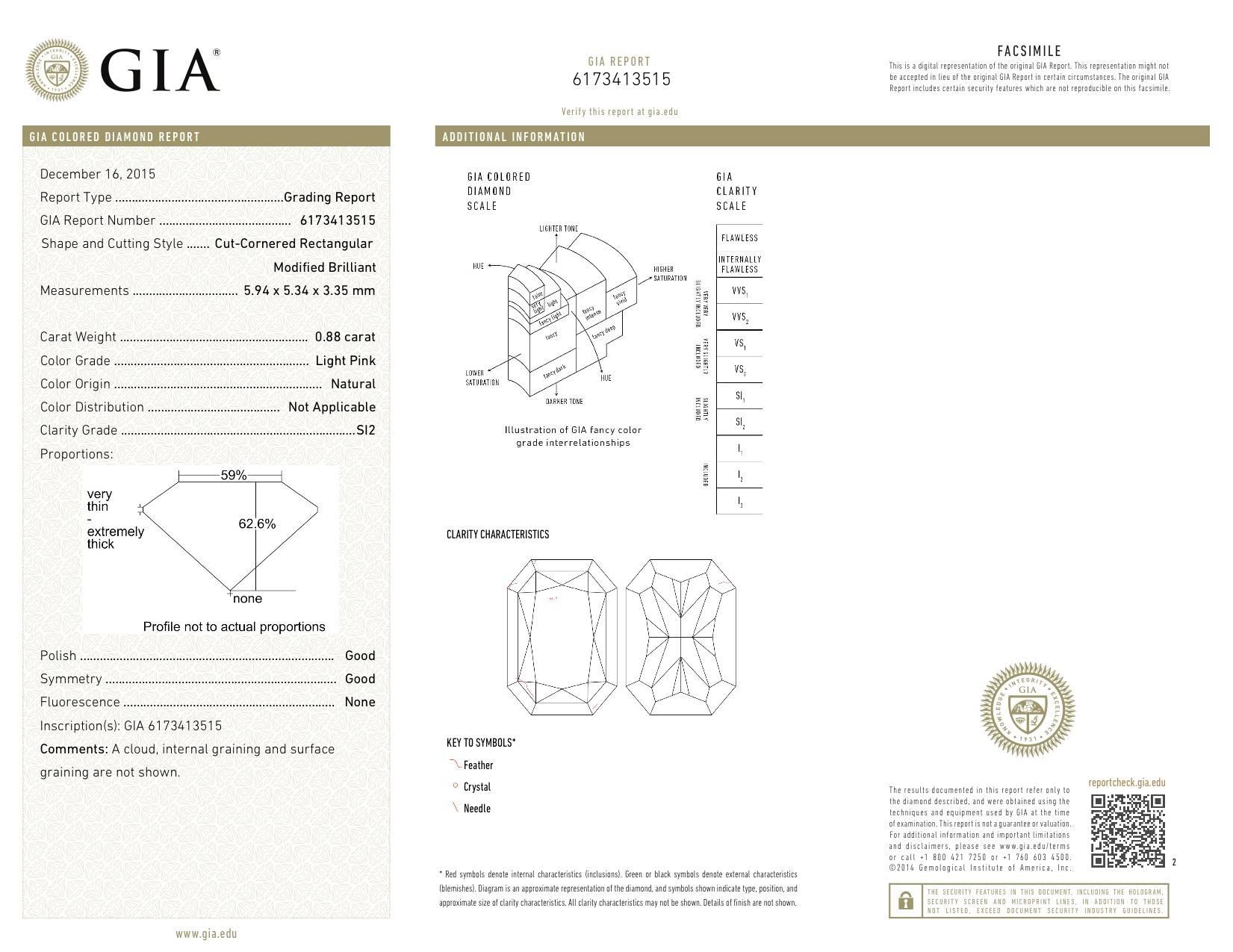 Rare and exquisite 0.88ct light pink radiant-cut diamond ring, accented by a pair of G/VS shield shape diamonds totaling 0.26ct, and G/VS round brilliant diamonds totaling 1.06ct.
G.I.A certificate attached.
Hand crafted in 18K white and rose gold