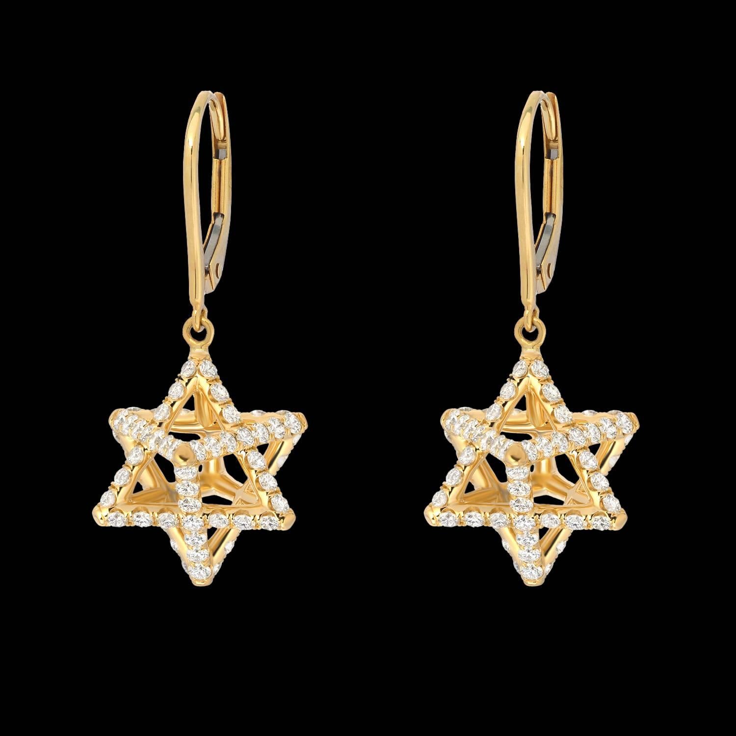 Merkaba 18K yellow gold drop earrings feature a suspended diamond Merkaba star measuring 0.57 inches, set with a total of approximately 2.02 carats of round brilliant diamonds, F-G color and VVS2-VS1 clarity. Heirloom quality earrings, 1.1 inches in