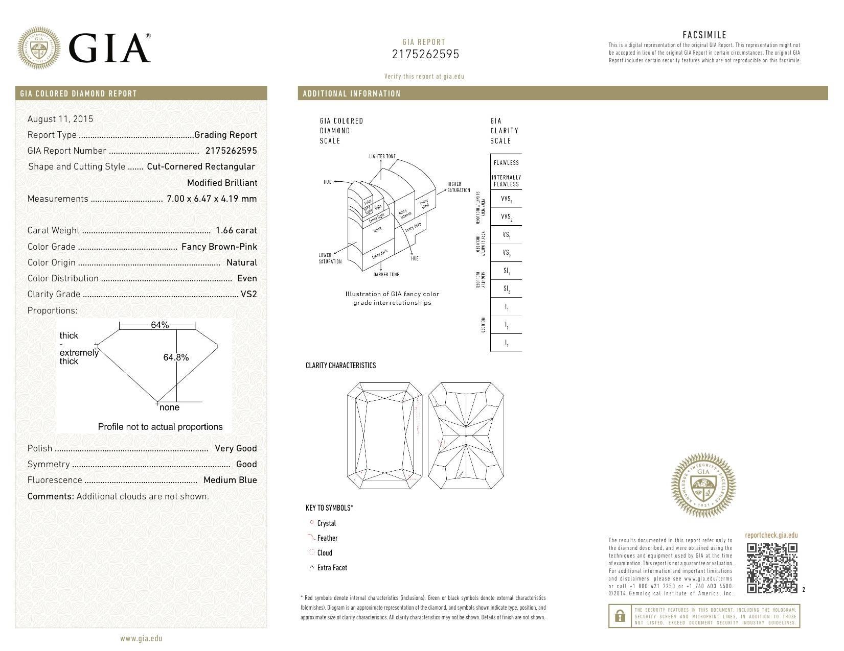 An exotic and very hard-to-find 1.66ct fancy brown pink, VS2 clarity radiant-cut diamond ring, accented by a pair of 0.62ct total trapezoid shaped diamonds and 0.99ct round brilliant diamonds, all comprising this magnificent three-stone ring.
G.I.A