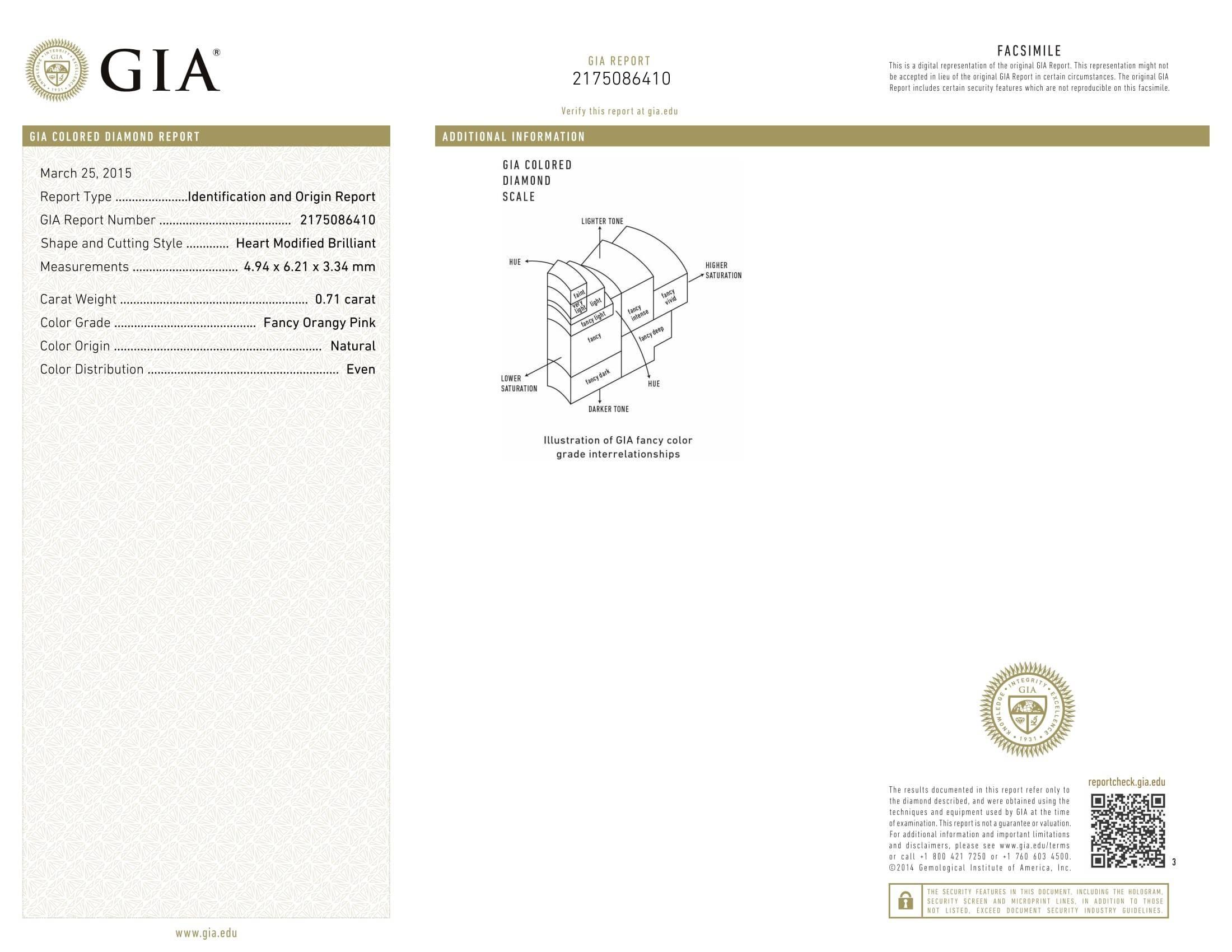 Romantic 0.71 carat fancy orangy pink heart shaped diamond, surrounded by a total of 0.12ct fancy pink diamonds and 0.61ct round brilliant F-G/VS diamonds.
Hand crafted in platinum.
G.I.A certificate attached.
Size 5.75. Re-sizing is complimentary