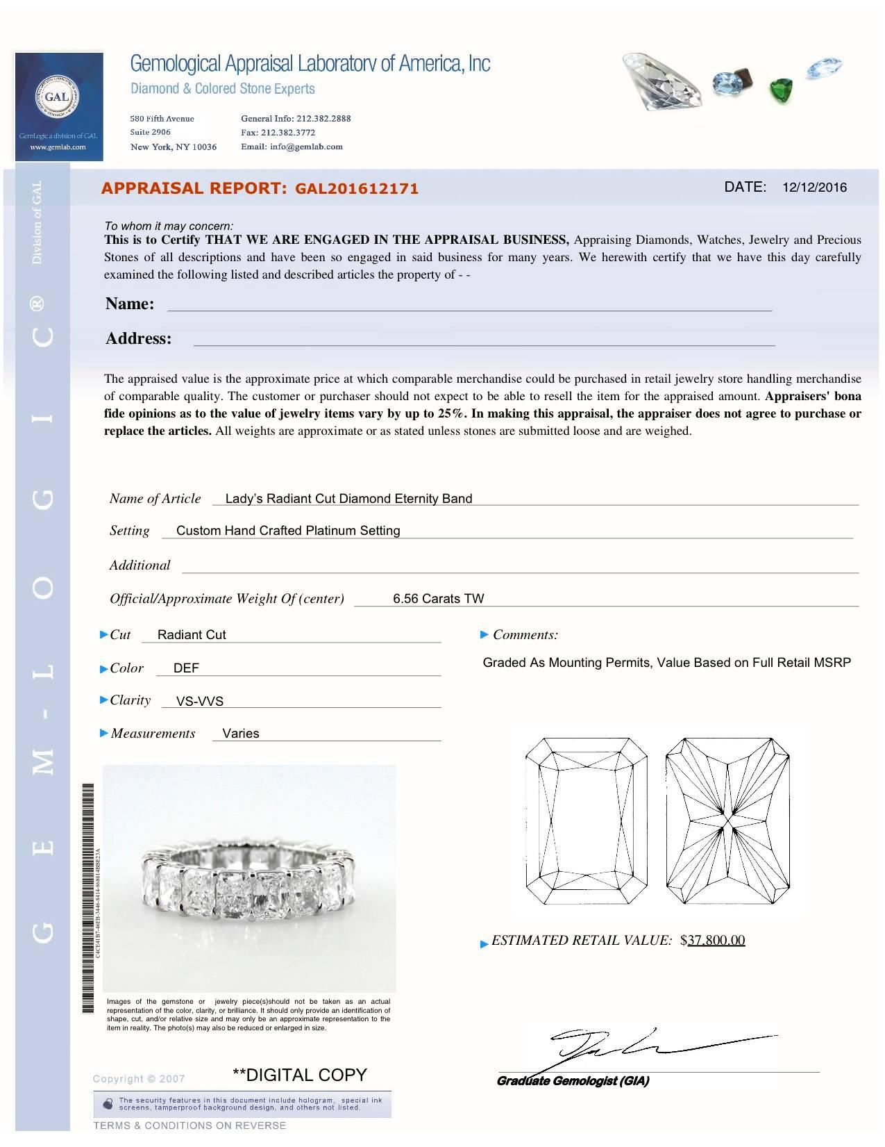 Eternity diamond band featuring 6.56 carats total of D-F color and VS-VVS clarity, radiant-cut diamonds, crafted in platinum by extremely skilled hands in New York. This diamond eternity band is exceptional.
Each radiant cut diamond weighs