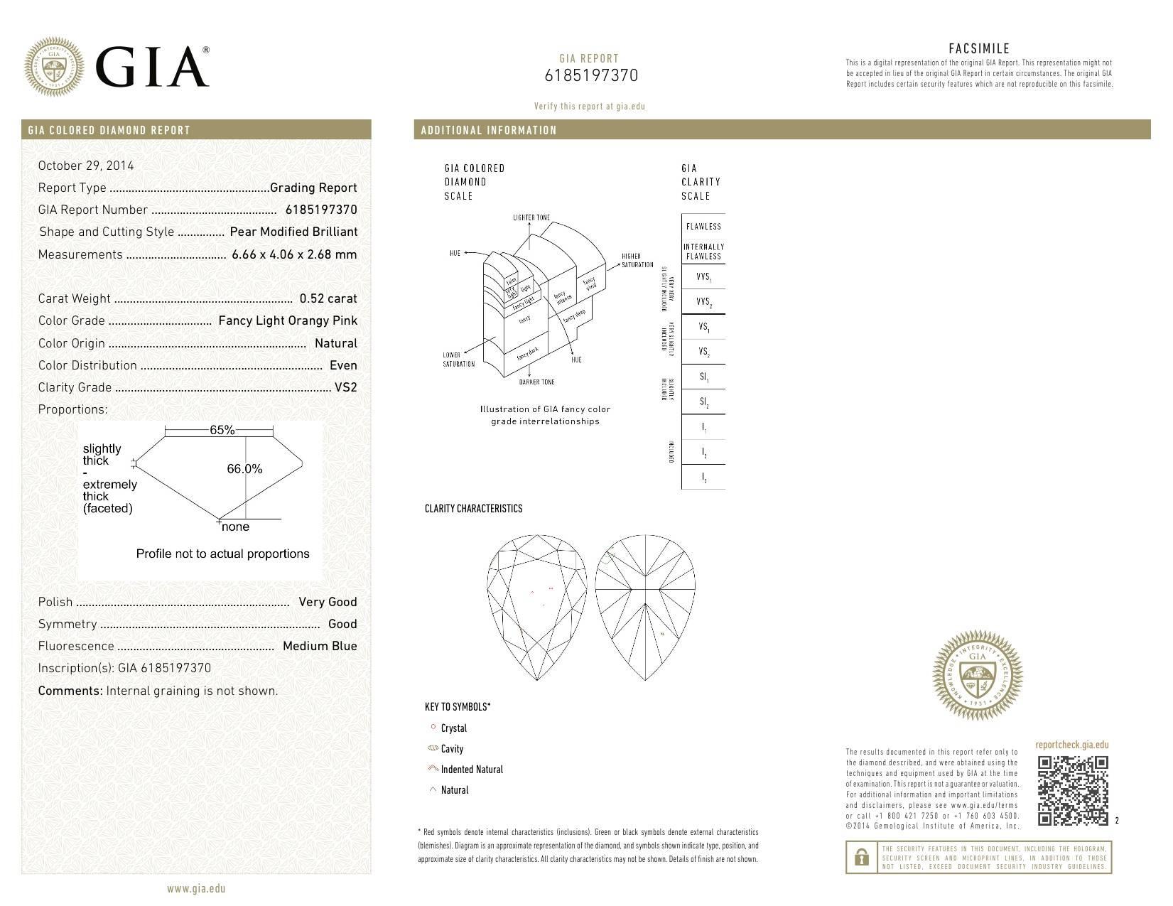 Rare and romantic 0.52ct fancy light orangy pink, VS2 clarity, diamond pendant, accented by a total of 0.17ct round brilliant fancy pink diamonds, and a total of 0.47ct F color and VS clarity round brilliant diamonds.
GIA certificate attached.
Hand