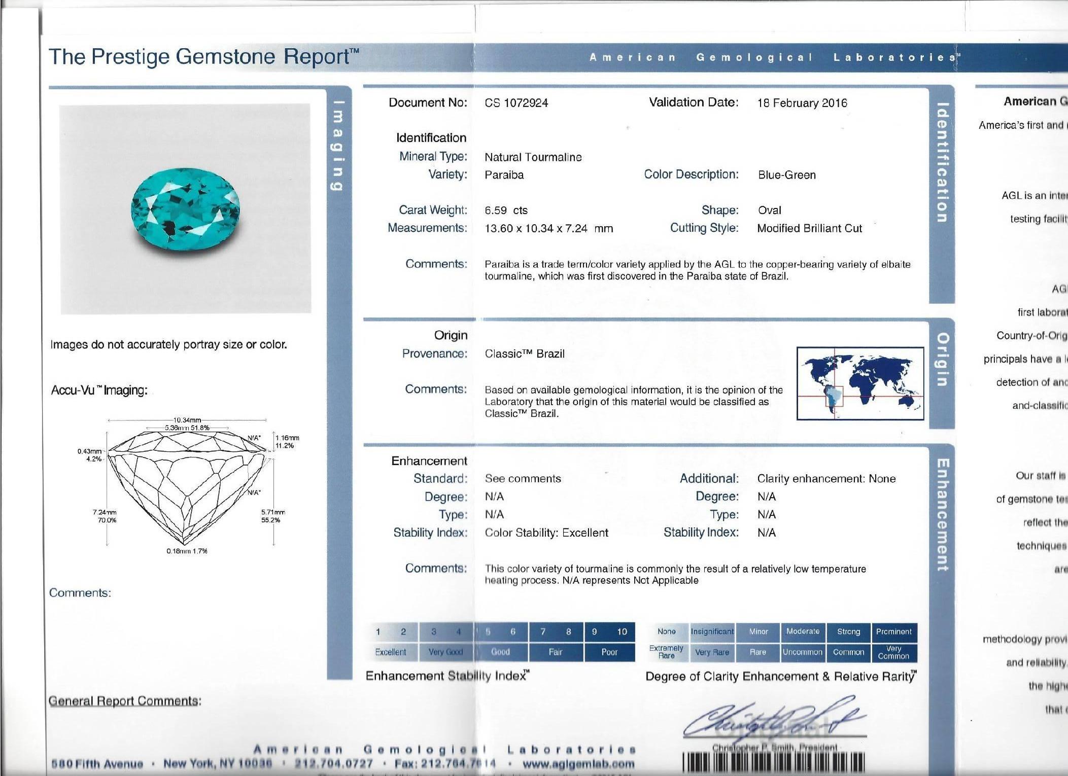 Rare and exceptional 6.59ct Paraiba Tourmaline from the original Batalha mine in Brazil. This one of a kind gem, possesses extraordinary characteristics and merits special mention and appreciation. Exhibiting a vivid greenish blue color and