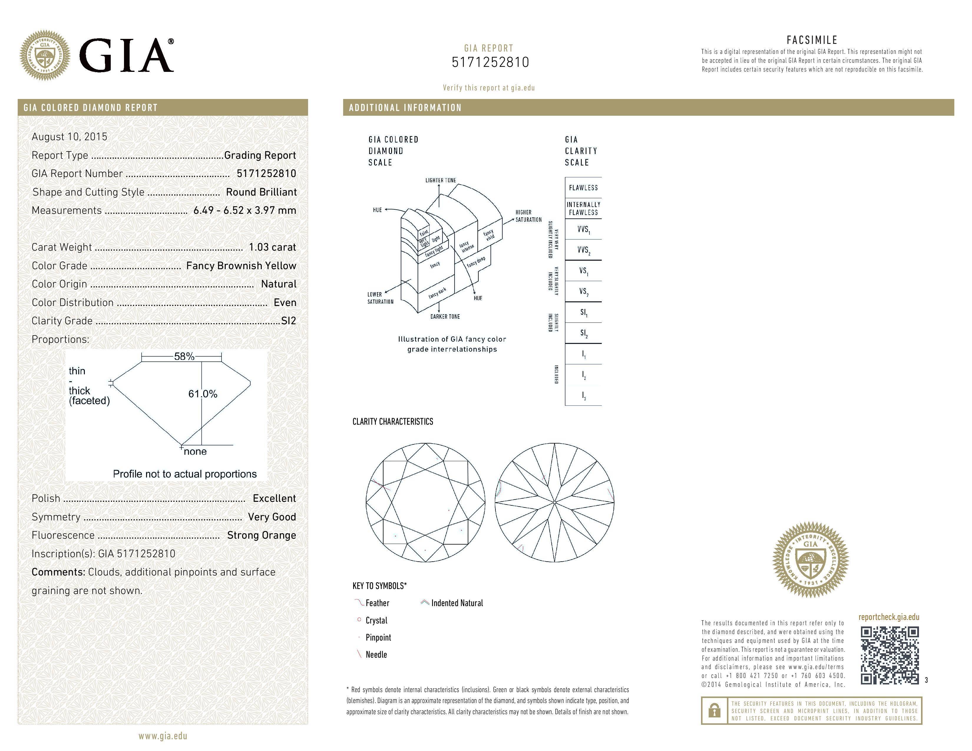A striking 1.03ct, GIA certified, fancy brownish yellow diamond, 18K white gold ring, surrounded by a total of 0.46ct round brilliant diamonds.
Size 6.5. Re-sizing is complimentary upon request.
GIA certificate attached.