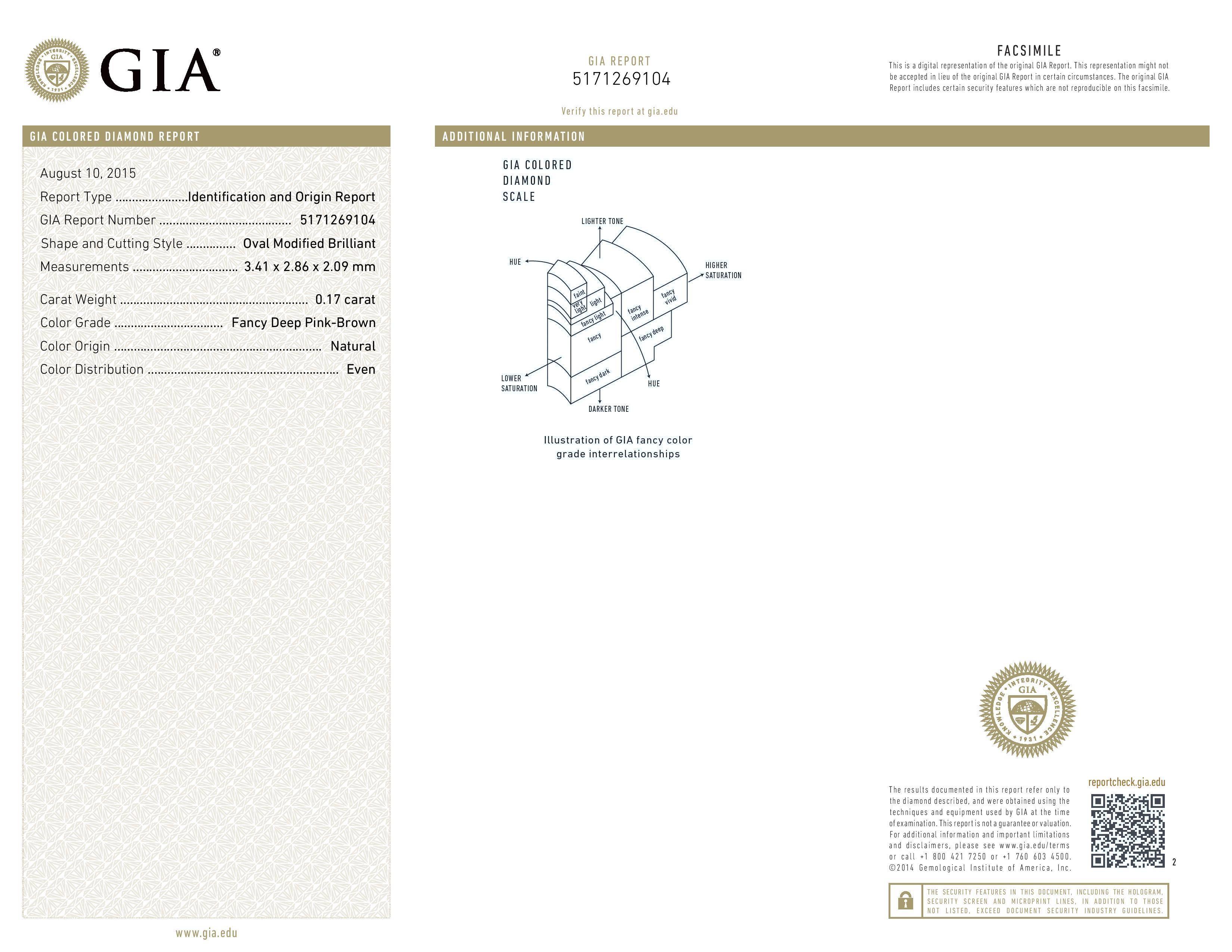 Gorgeous GIA certified 0.17ct fancy deep pink-brown, 18K white gold ring, surrounded by 0.86ct natural pink diamonds and 0.54ct G-H/VS round brilliant diamonds.
Size 6.5. Re-sizing is complimentary upon request.
GIA certificate attached.