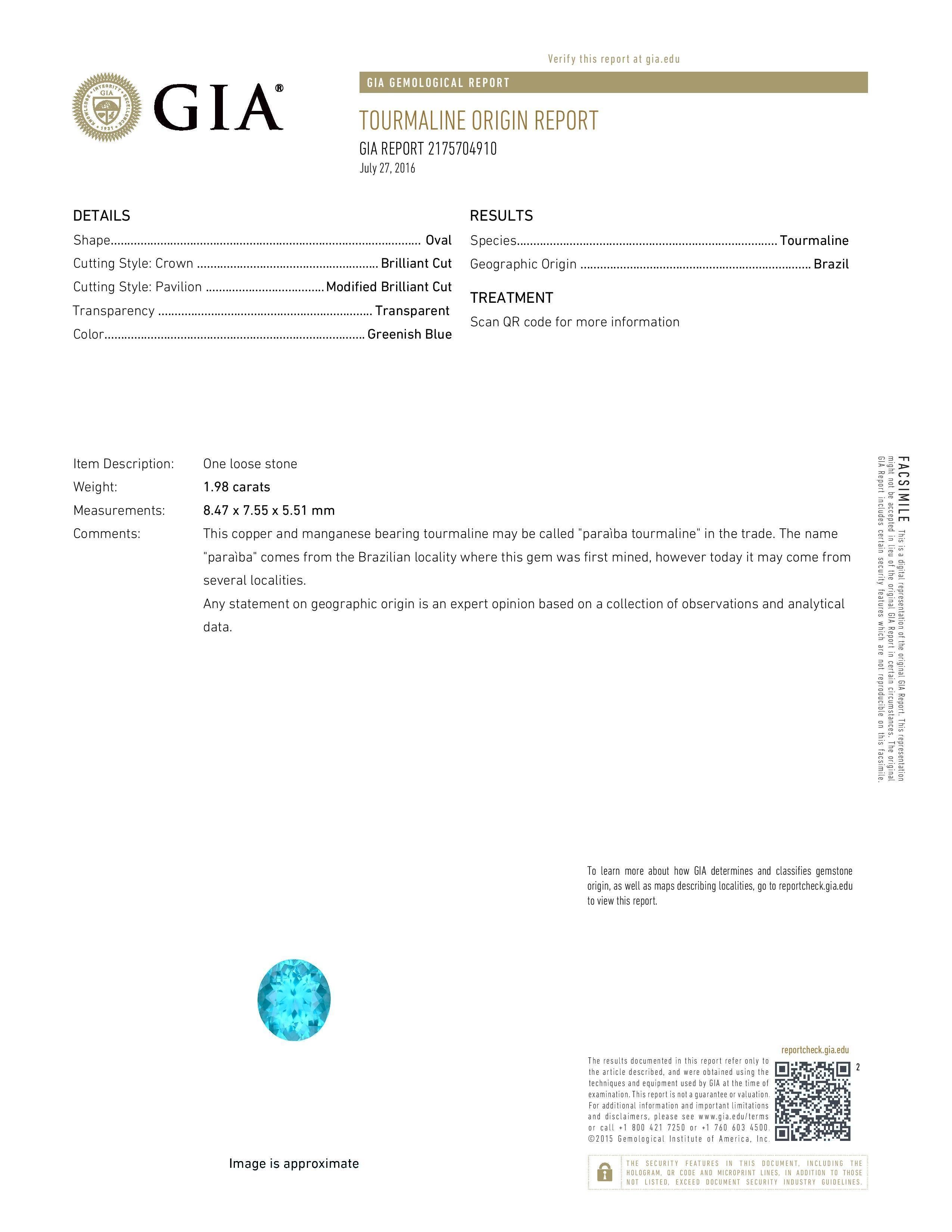 Exceedingly rare and highly sought after, GIA certified, 1.98 carat Brazilian Paraiba Tourmaline oval. This precious, heirloom quality gem, is flawless and displays a highly captivating exotic blue color. It's rare combination of color, clarity and