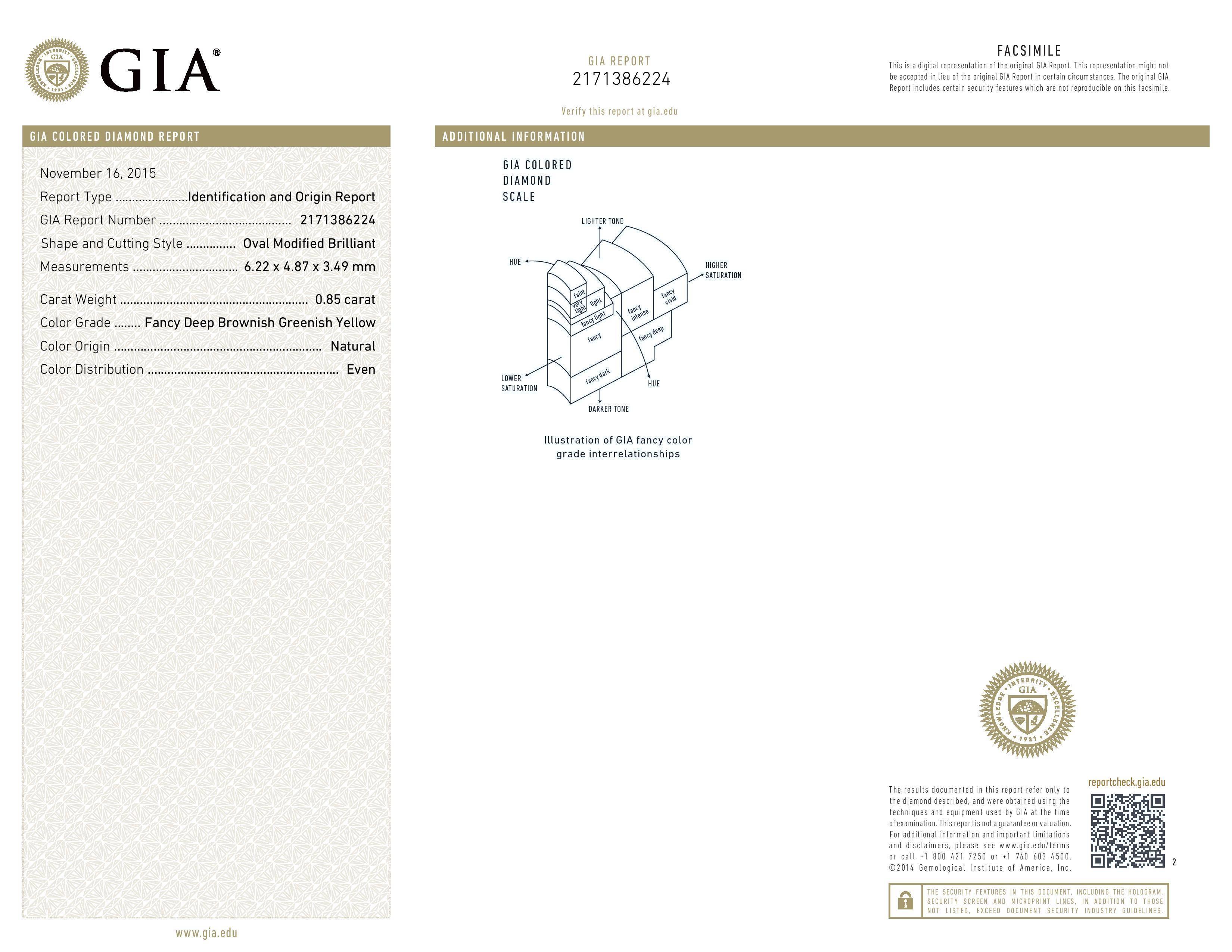 A dainty 0.85ct GIA certified fancy deep brownish greenish yellow diamond, 18K white gold ring, accented by a total of 0.29ct round brilliant diamonds.
Size 6. Re-sizing is complimentary upon request.
GIA certificate is attached.