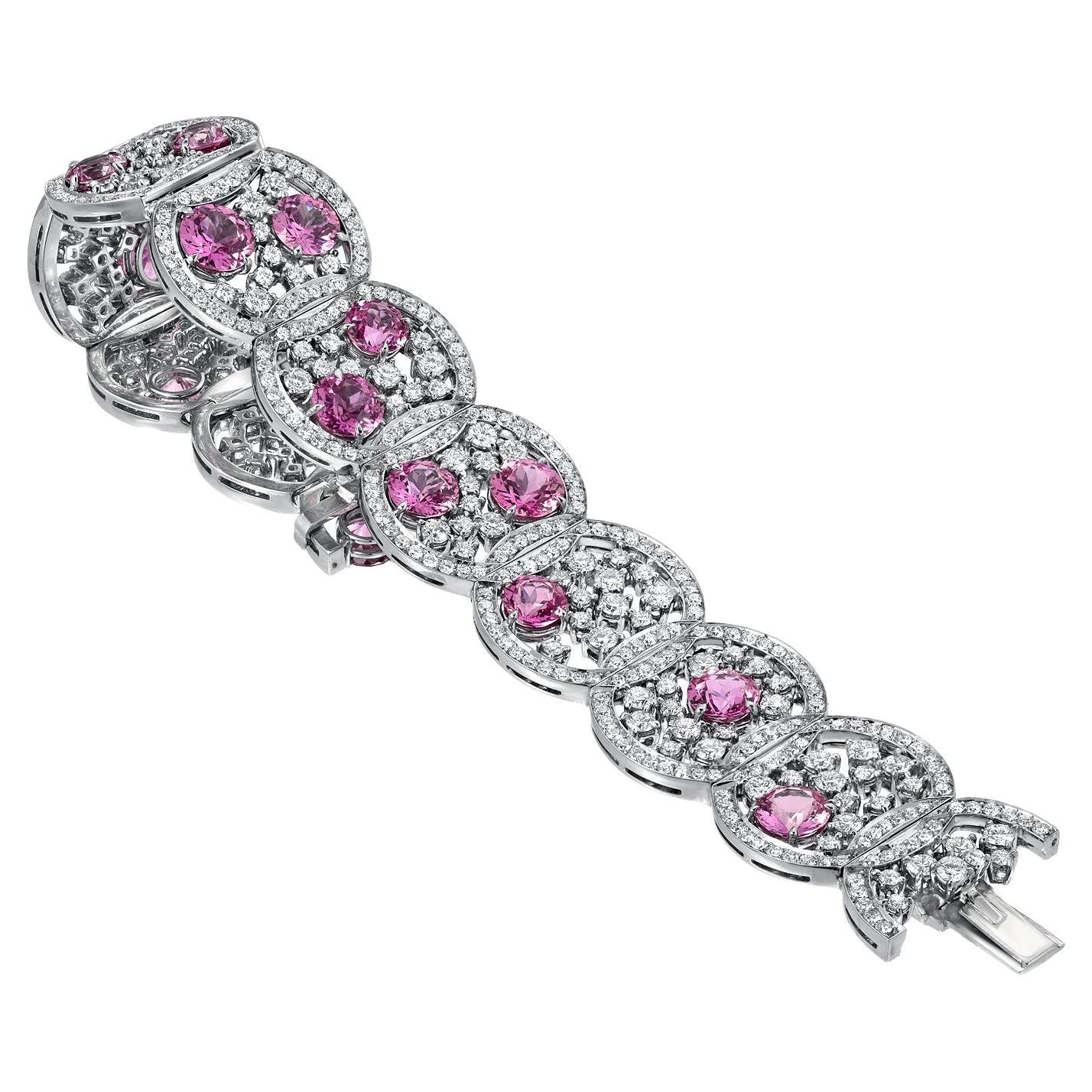Pink Sapphire Diamond Bracelet 30.53 Carats For Sale