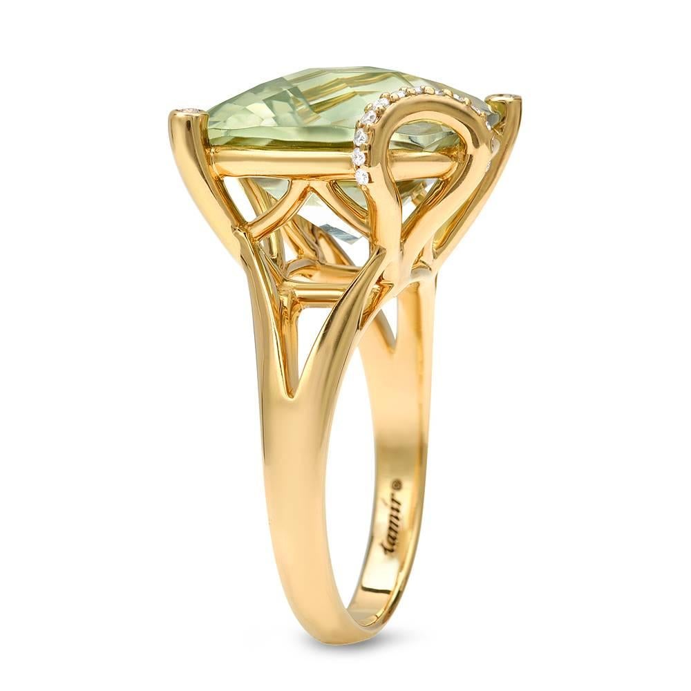 Unique 8,96ct checkerboard cushion-cut green Amethyst, 18K yellow gold ring, accented by a total of 0.07ct diamonds.
Size 6.5. Re-sizing is complimentary upon request.