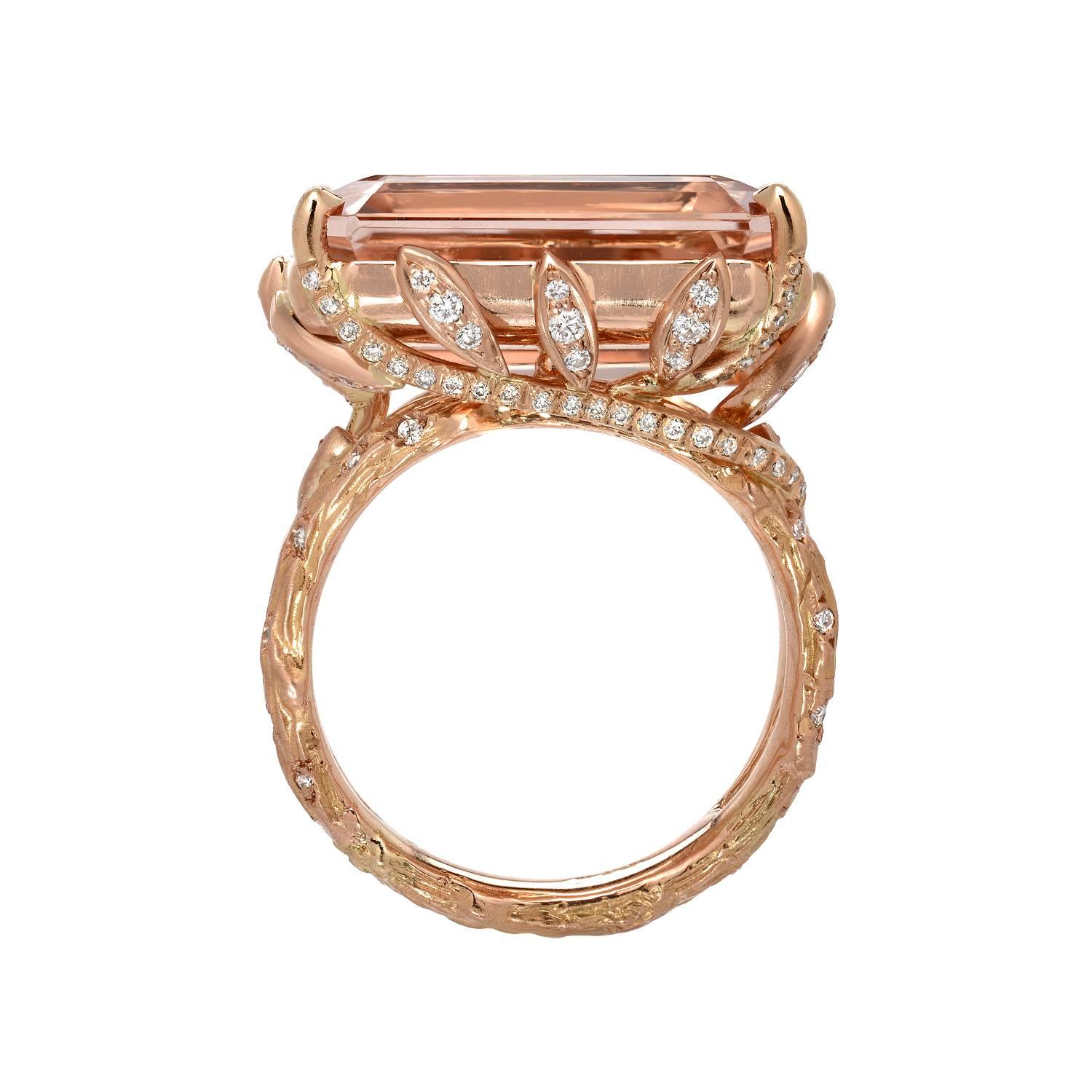 14.49 Carat Emerald Cut Morganite Diamond Rose Gold Ring In New Condition In Beverly Hills, CA
