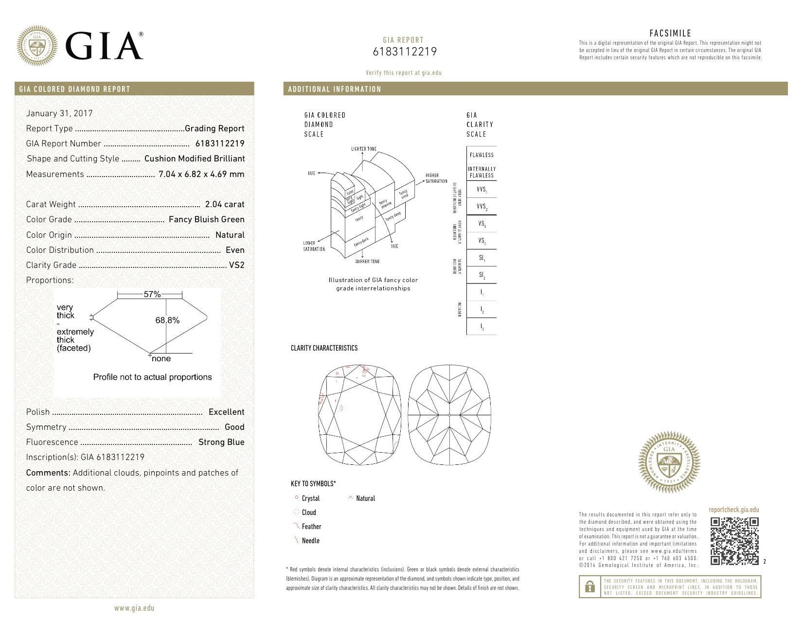 Immensely rare and exotic 2.04ct fancy bluish green, VS2, cushion loose diamond.
GIA certificate attached.