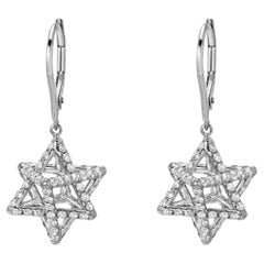 3D Star of David Earrings Platinum Diamonds Lever Back Art Deco Jewelry Merkaba