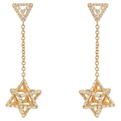 Pendientes 3D Estrella de David Oro Amarillo 18K Diamantes Art Decó Alta Joyería Merkaba