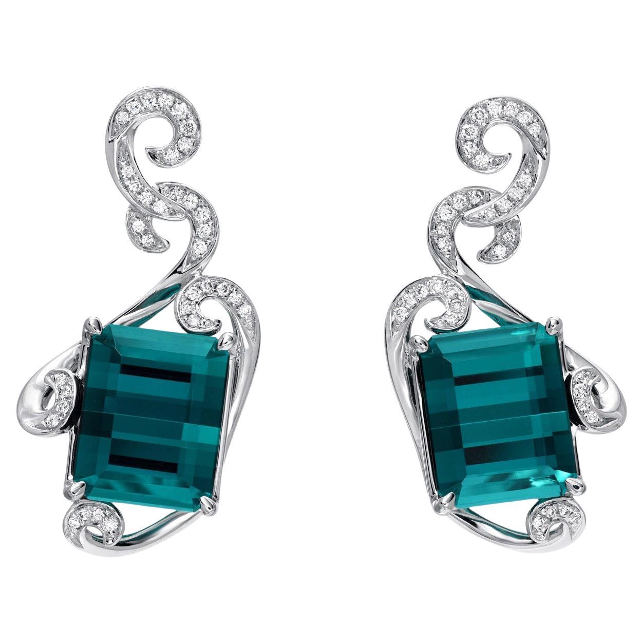 Indicolite Tourmaline Earrings 12.98 Carat Emerald Cut