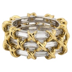 Tiffany & Co. Schlumberger Baguette Diamond Platinum 18K Gold Triple Band Size 5