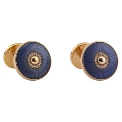 Cartier Sunshade Décor Blue Enamel Diamond 18k Gold Round Button Cufflinks