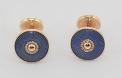 Cartier Sunshade Décor Blue Enamel Diamond 18k Gold Round Button Cufflinks