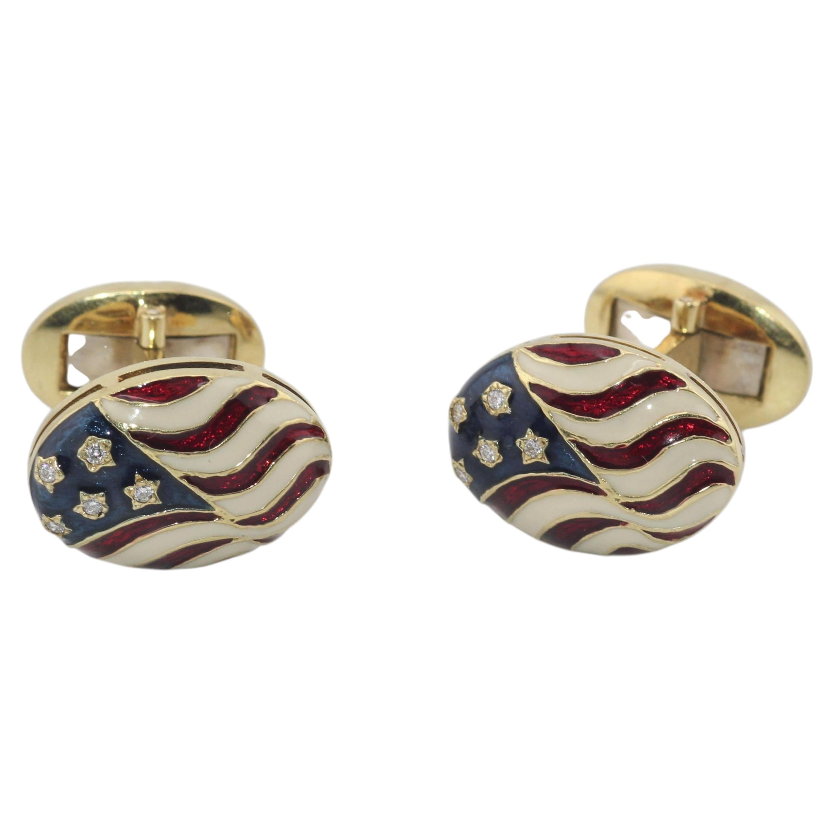 Pre-owned Hidalgo Enamel Diamond 18k Gold American Flag Cufflinks In Multiple