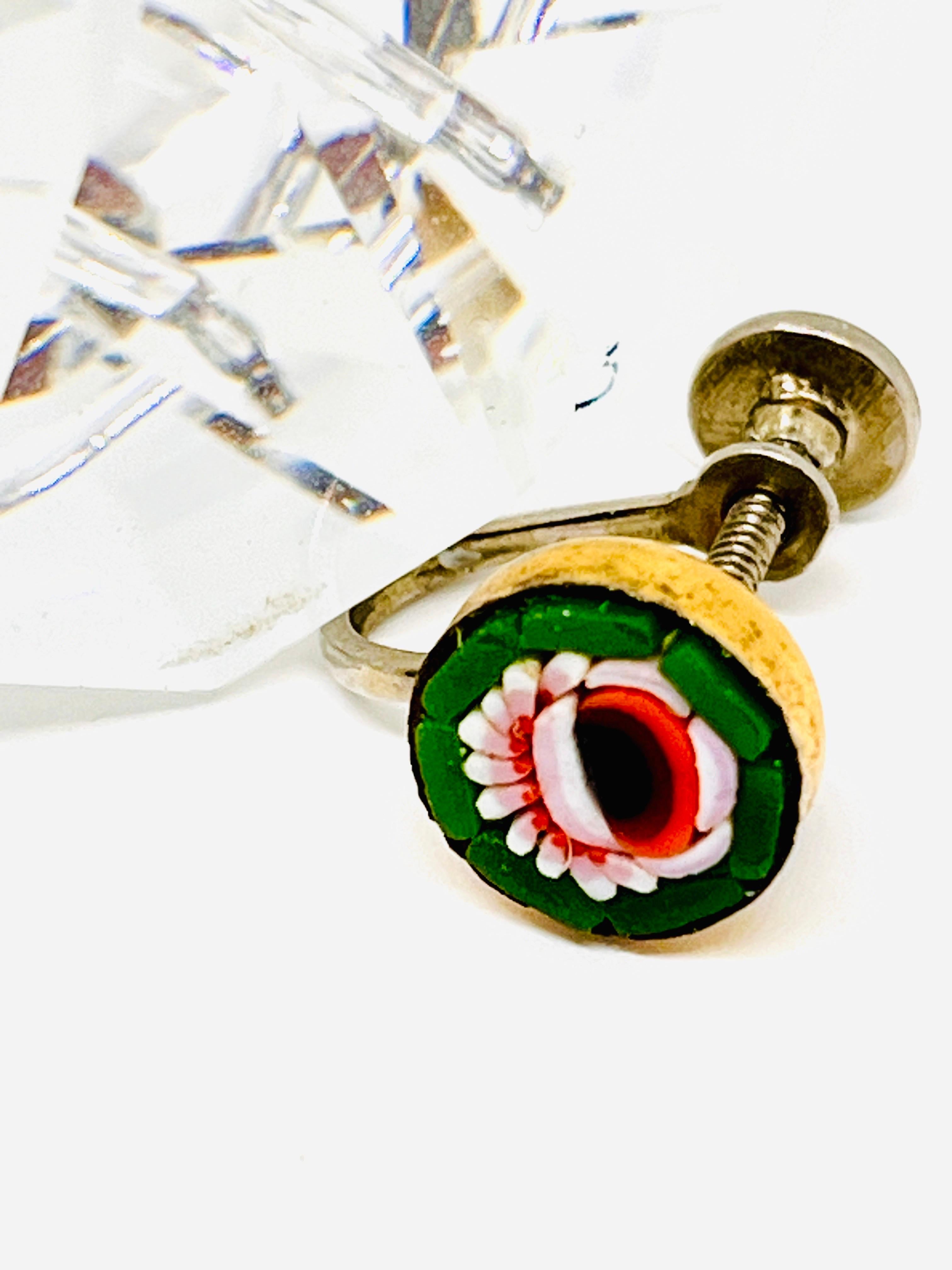 Micro Mosaic Camelia Flower Stud Earrings Screwback, Pink Green, Italy, 1900s For Sale 3