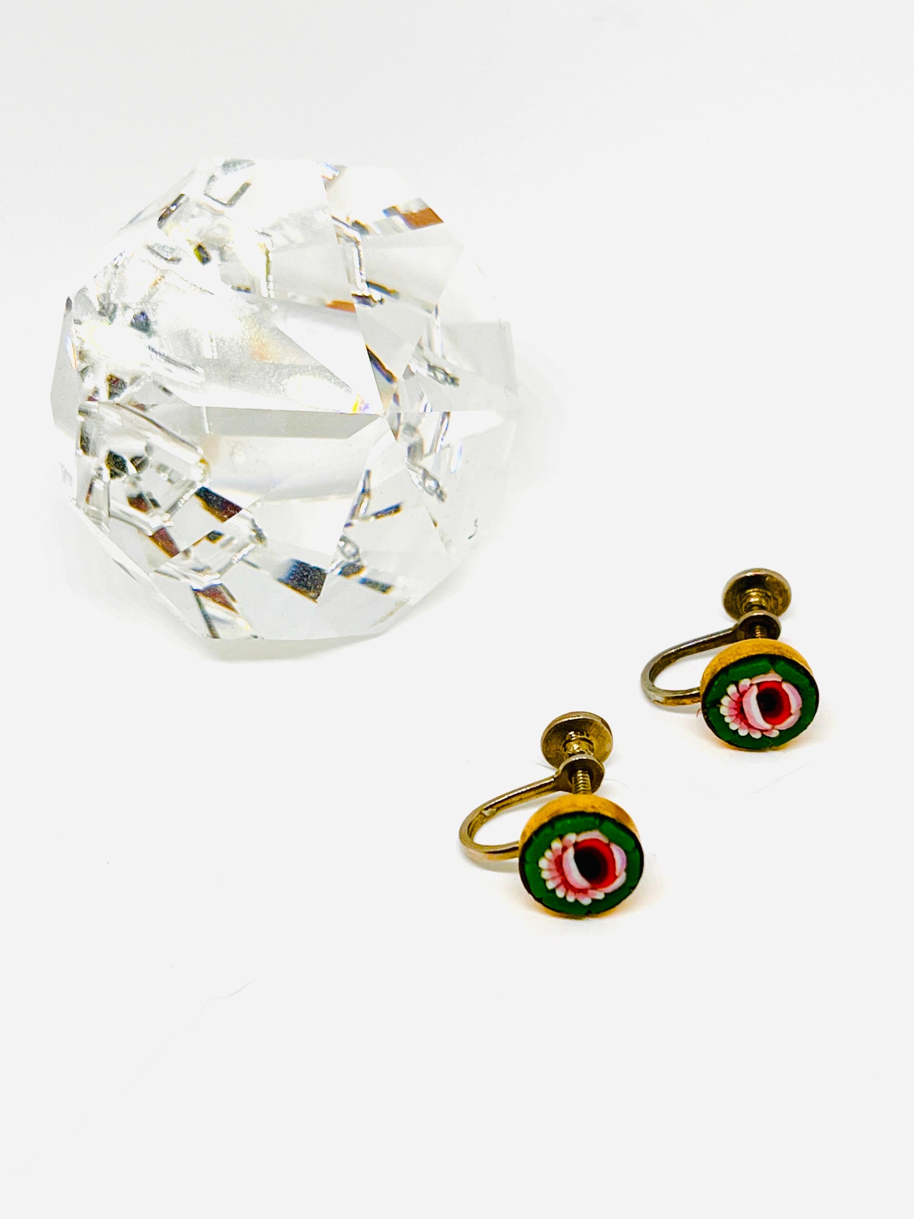 Micro Mosaic Camelia Flower Stud Earrings Screwback, Pink Green, Italy, 1900s For Sale 4