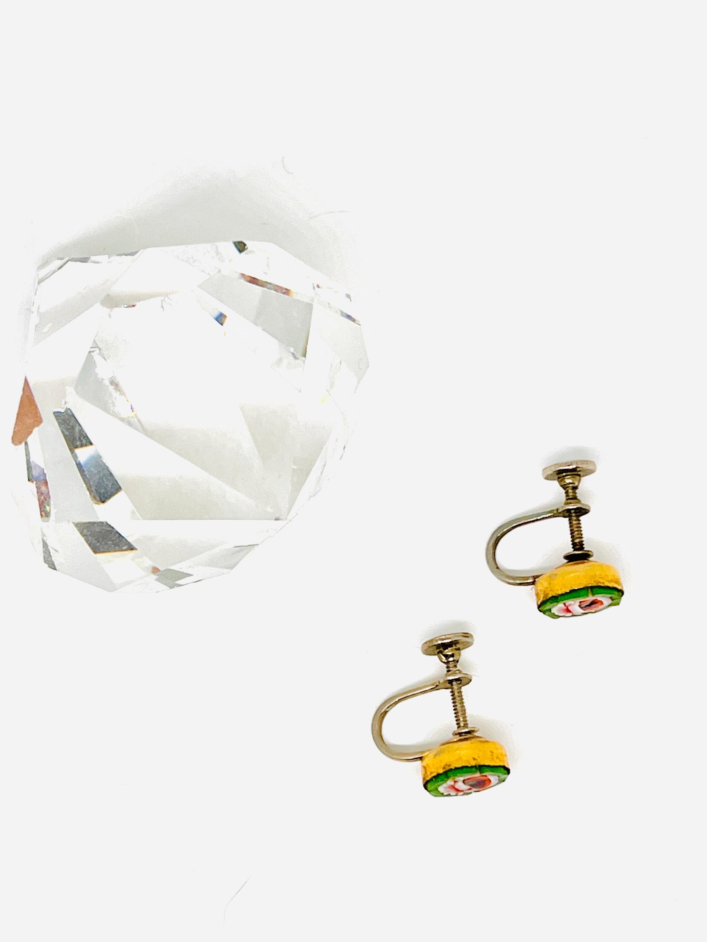 Micro Mosaic Camelia Flower Stud Earrings Screwback, Pink Green, Italy, 1900s For Sale 5