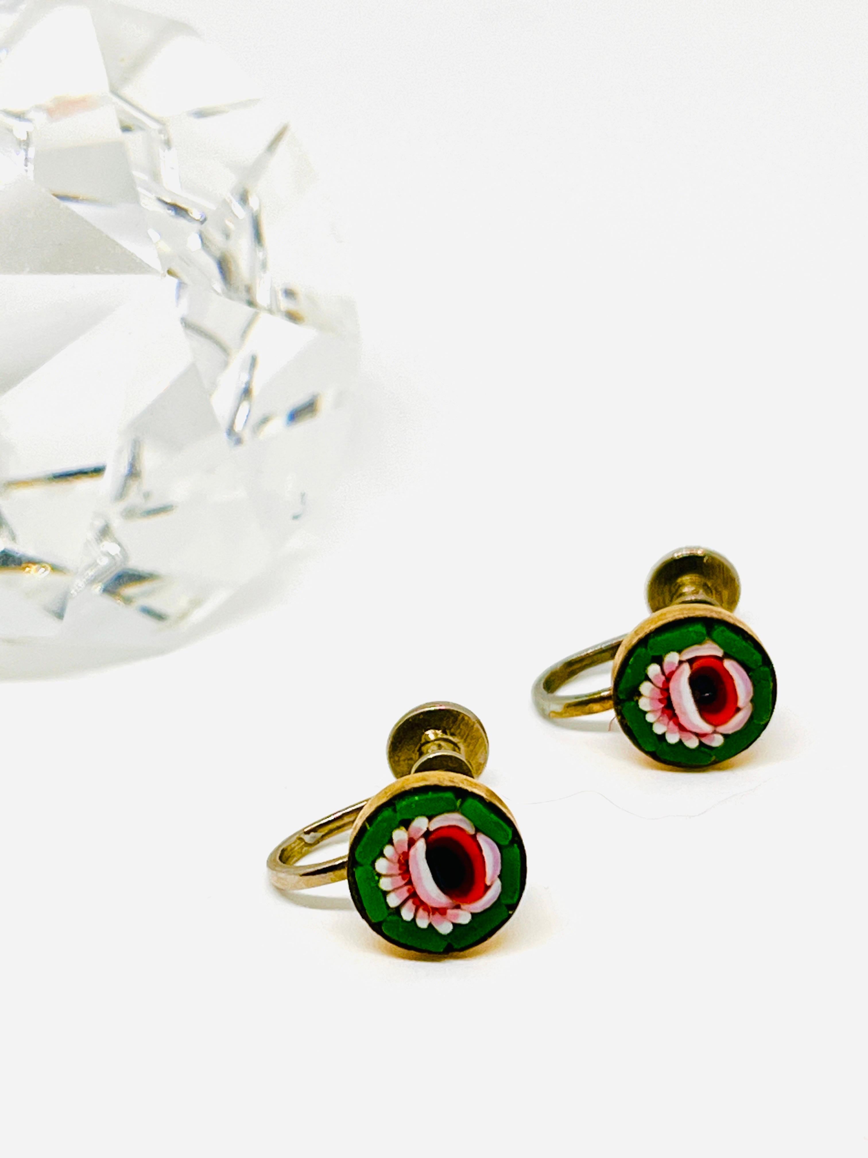 Micro Mosaic Camelia Flower Stud Earrings Screwback, Pink Green, Italy, 1900s For Sale 6
