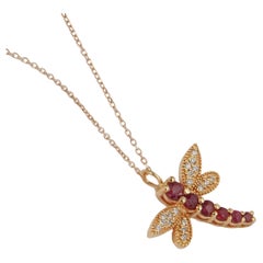 18k Solid Gold Natural Ruby Diamond Dragonfly Pendant