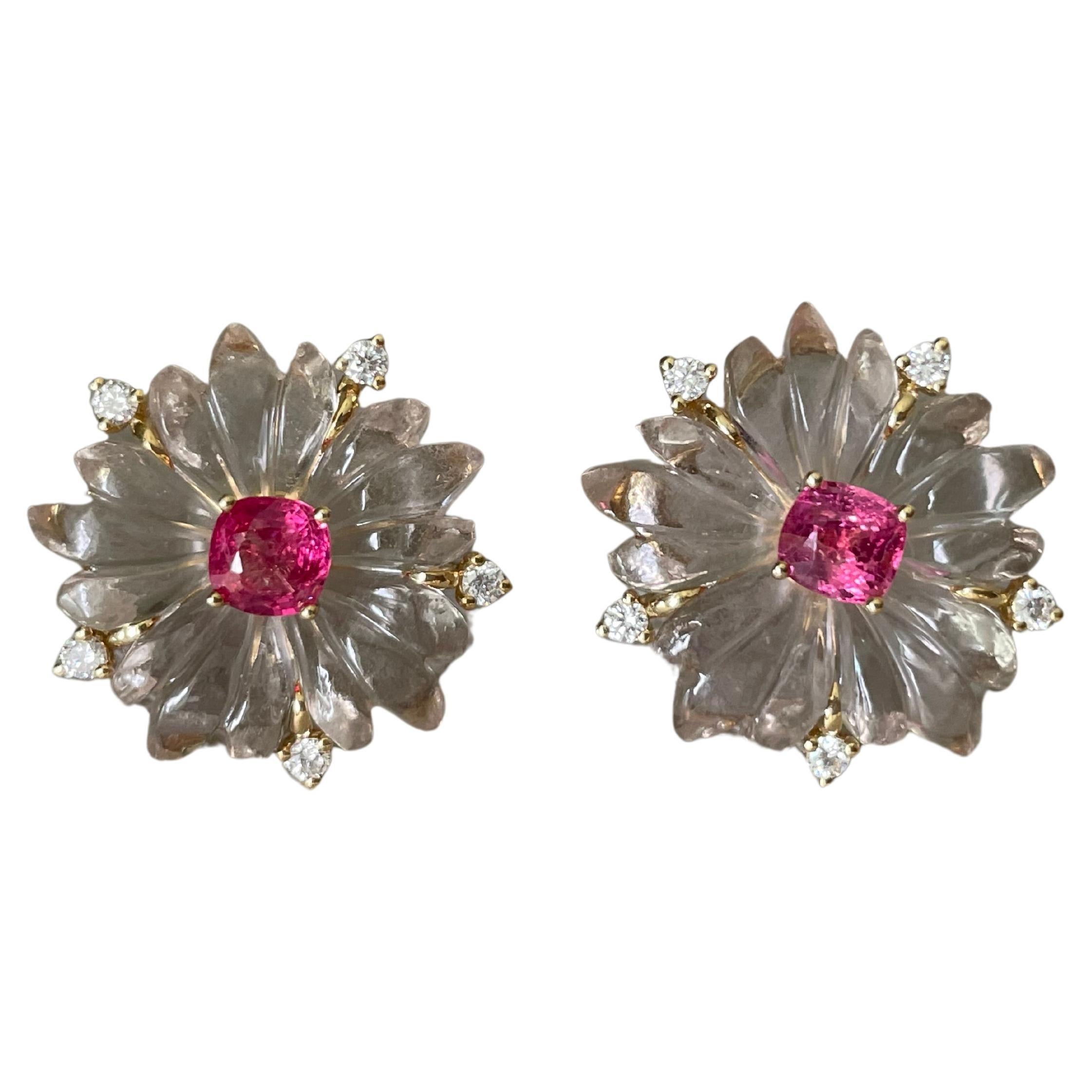 Neon Pink spinel, Diamonds and Natural rose quartz Drop Earring