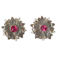 Neon Pink spinel, Diamonds and Natural rose quartz Drop Earring