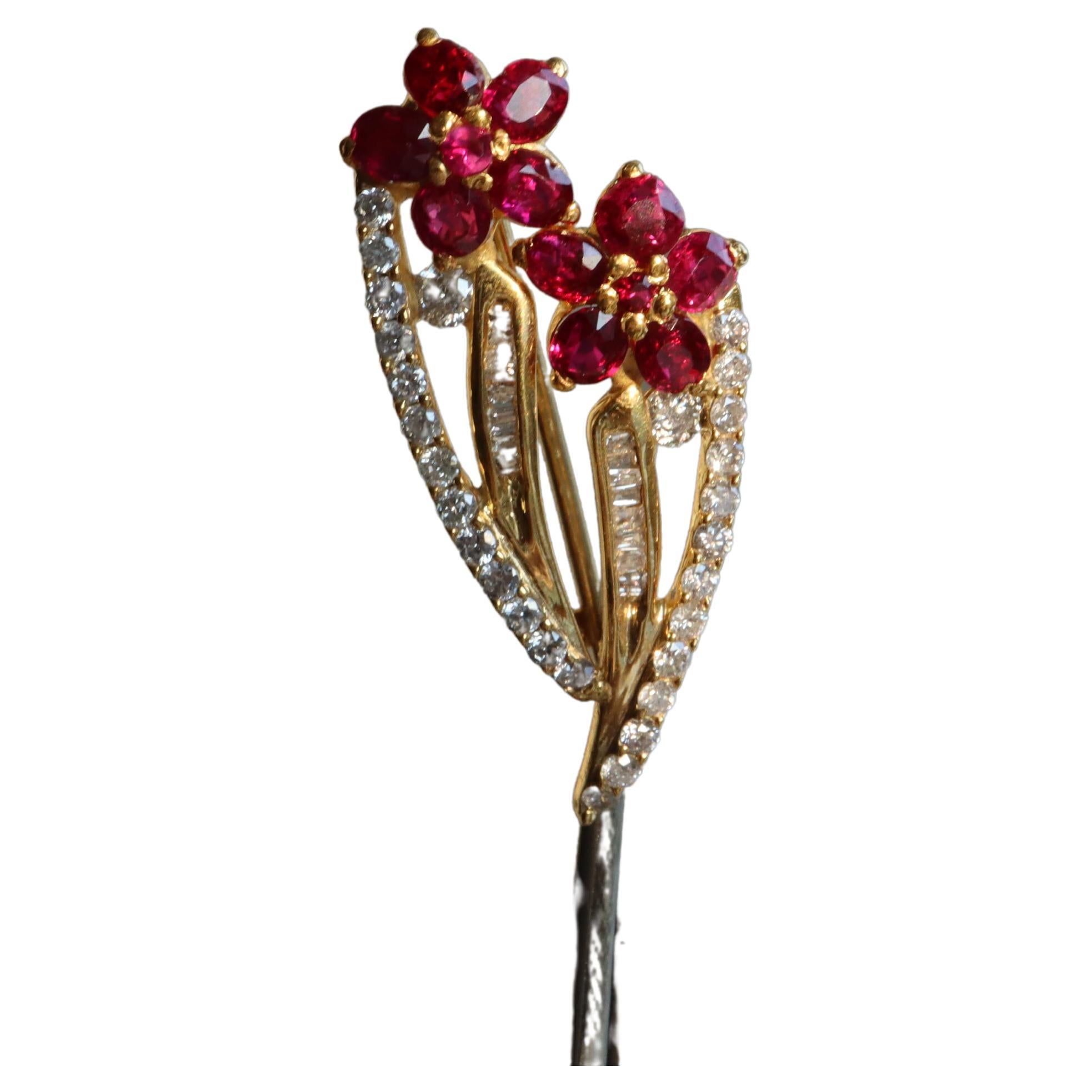 No heat Burma Pigeon Blood Ruby Brooch with Natural Diamonds in 18k solid gold