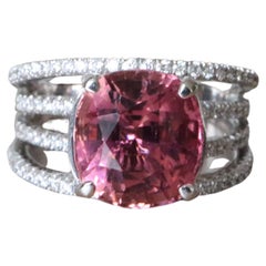 NGI certified Natural Pink Tourmaline Ring with natural diamonds in 18k gold