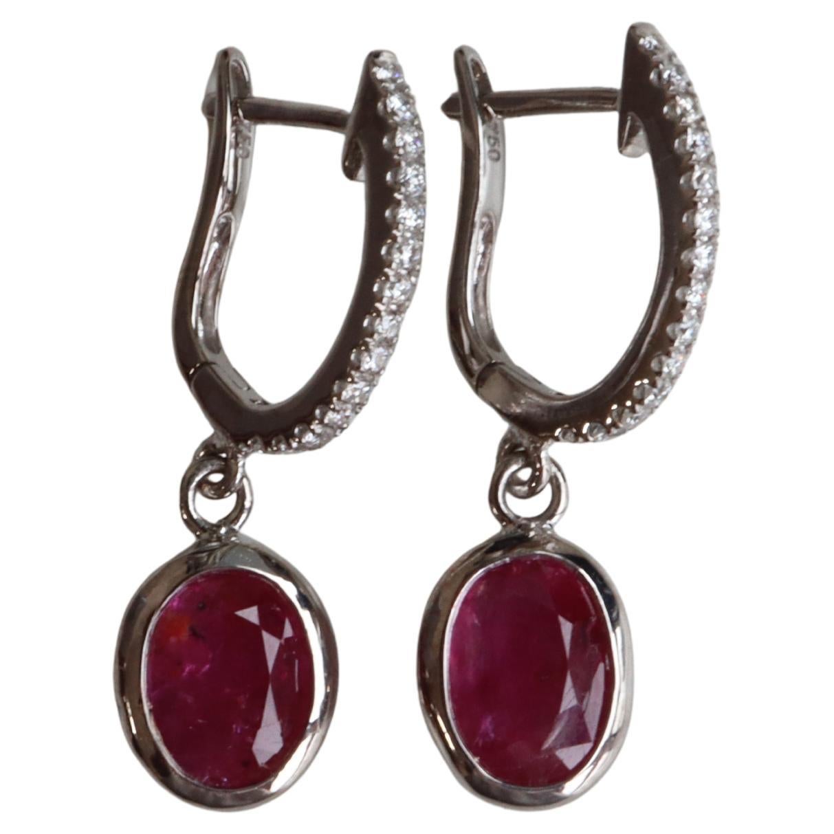 Total 2.39Ct Unheated Burma Ruby and Natural diamond Hoop and Drop Earring