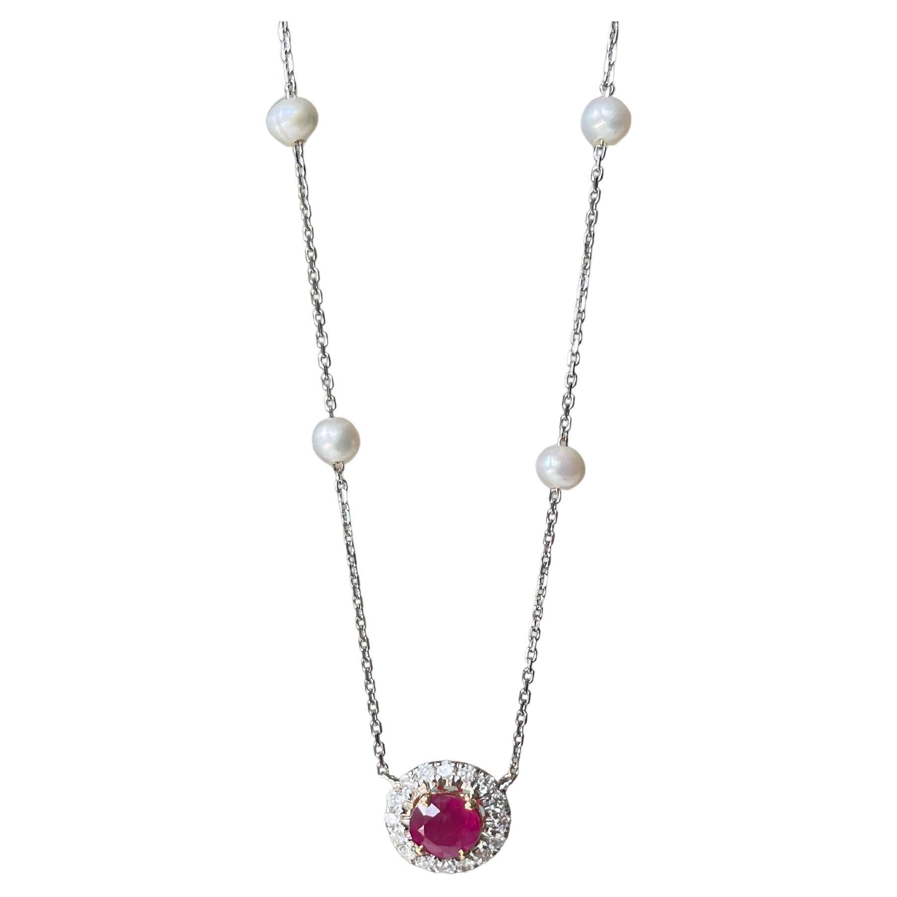No Heat Burma Ruby Necklace with natural diamonds and akoya pearls